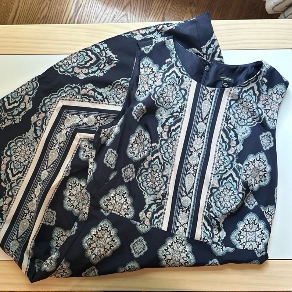 Ann Taylor Petite Navy Turquoise Pink Patterned Sleeveless Dress 8P